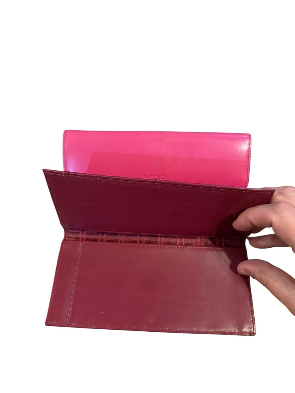 Lodis Bright Fuchsia Leather Flap Clutch with Subtle Embossed Logo - Picture 7 of 7